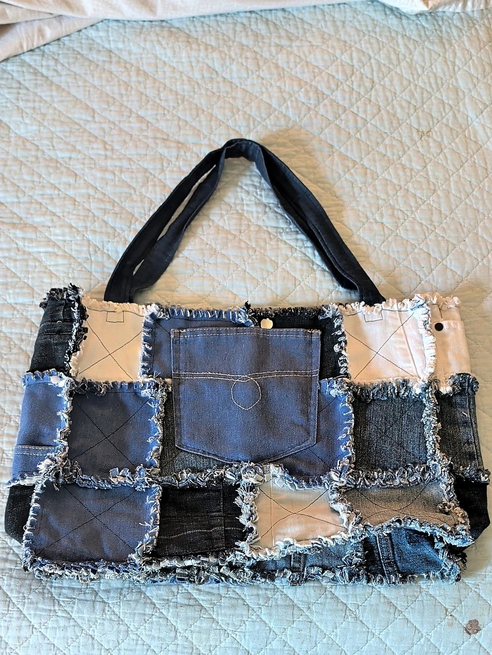 Patchwork Denim Tote Bag Blue Black Cream Distressed Vintage Handmade